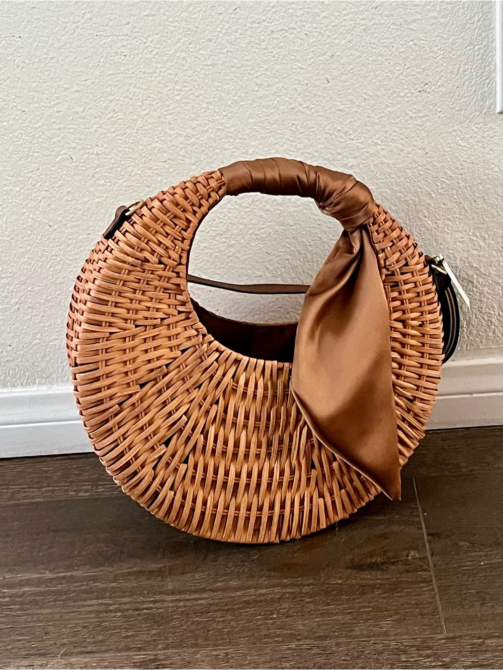 Woven Crescent Shoulder Bag with Satin Scarf - Brown